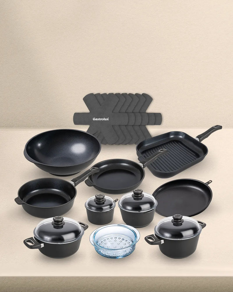 Kit Ultra Poele Sauteuse Cocotte Casserole Faitout Panier Vapeur Wok Crepiere Grill Separateur haut de gamme induction gastrolux