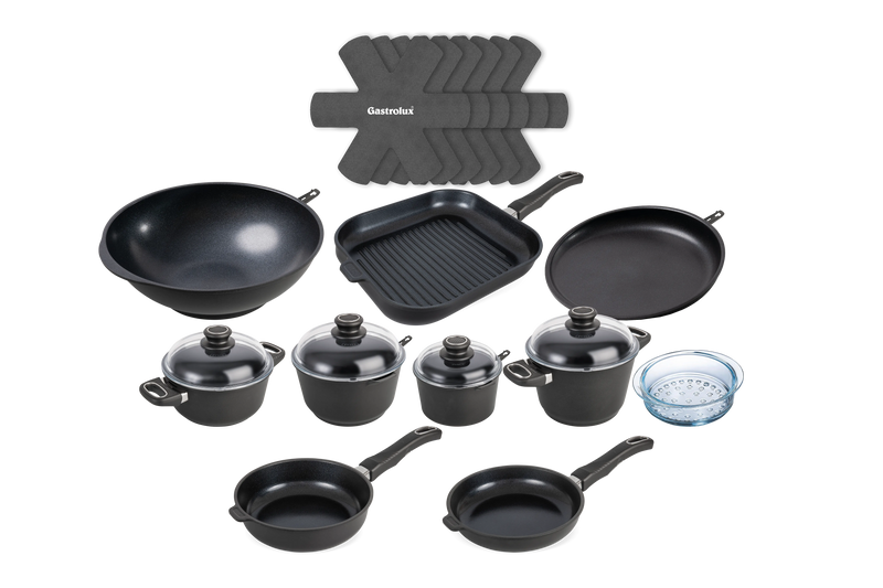 Kit Ultra Poele Sauteuse Cocotte Casserole Faitout Panier Vapeur Wok Crepiere Grill Separateur haut de gamme induction gastrolux