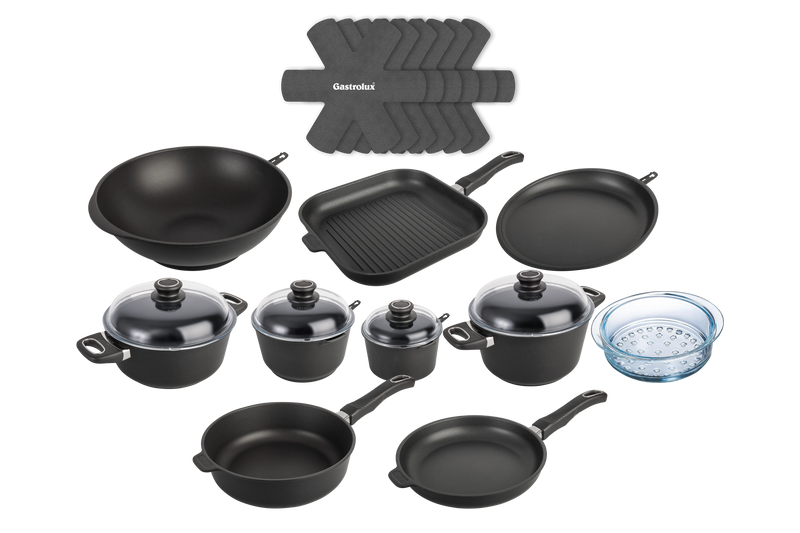 Kit Ultra Poele Sauteuse Cocotte Casserole Faitout Panier Vapeur Wok Crepiere Grill Separateur haut de gamme induction gastrolux