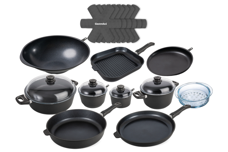 Kit Ultra Poele Sauteuse Cocotte Casserole Faitout Panier Vapeur Wok Crepiere Grill Separateur haut de gamme induction gastrolux