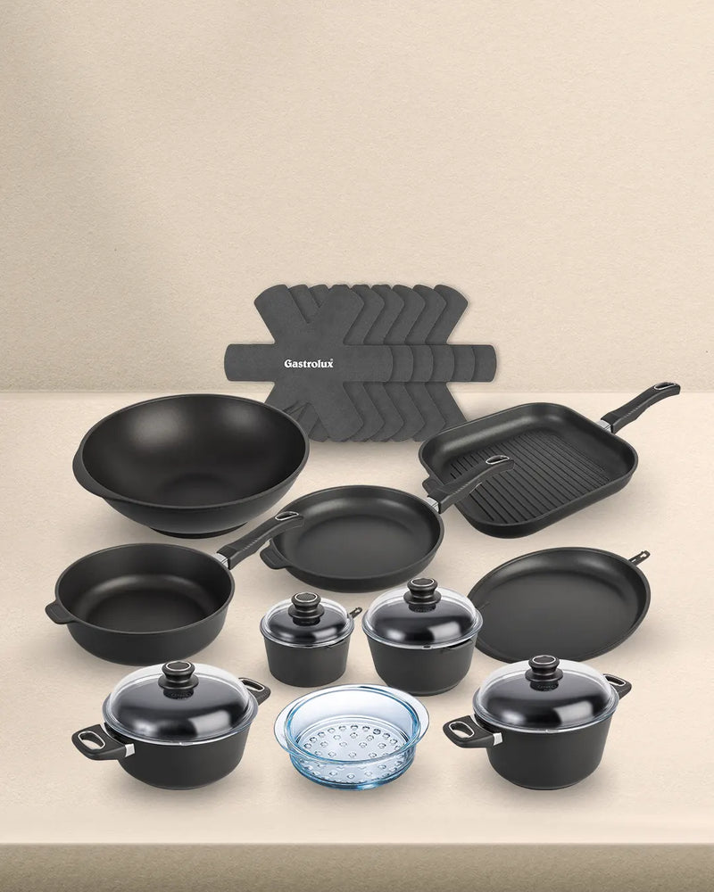 Kit Ultra Poele Sauteuse Cocotte Casserole Faitout Panier Vapeur Wok Crepiere Grill Separateur haut de gamme induction gastrolux