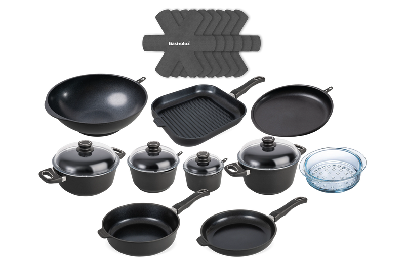 Kit Ultra Poele Sauteuse Cocotte Casserole Faitout Panier Vapeur Wok Crepiere Grill Separateur haut de gamme induction gastrolux