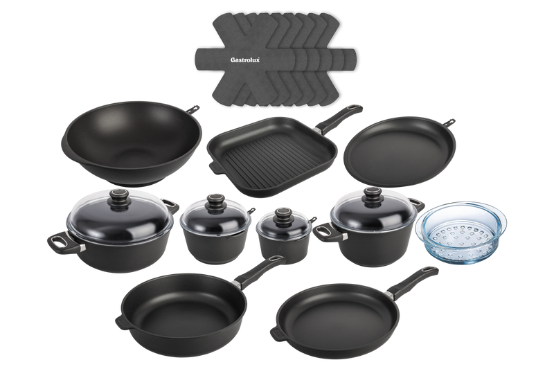Kit Ultra Poele Sauteuse Cocotte Casserole Faitout Panier Vapeur Wok Crepiere Grill Separateur haut de gamme induction gastrolux