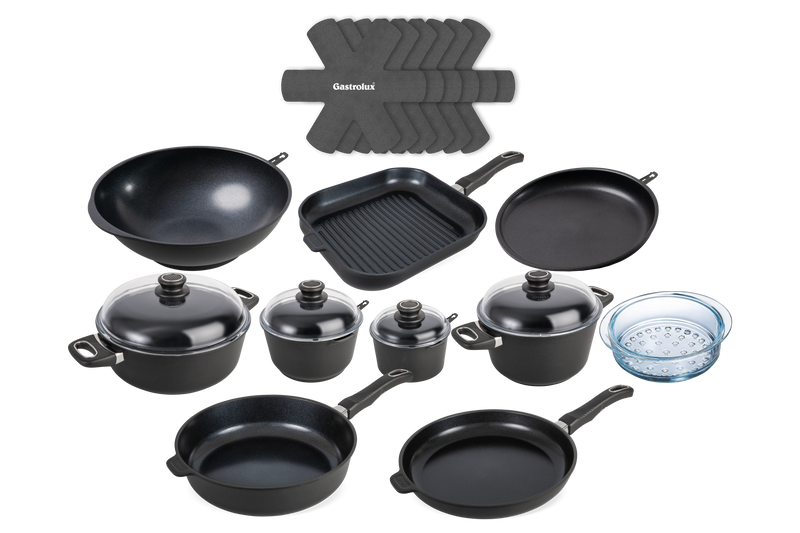 Kit Ultra Poele Sauteuse Cocotte Casserole Faitout Panier Vapeur Wok Crepiere Grill Separateur haut de gamme induction gastrolux