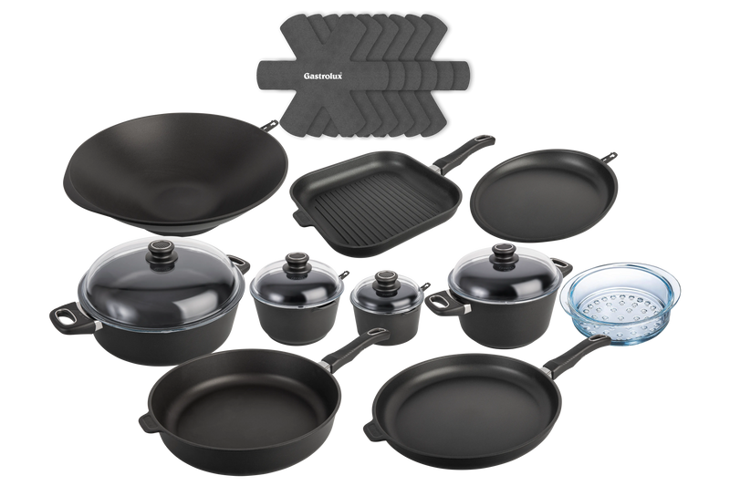 Kit Ultra Poele Sauteuse Cocotte Casserole Faitout Panier Vapeur Wok Crepiere Grill Separateur haut de gamme induction gastrolux